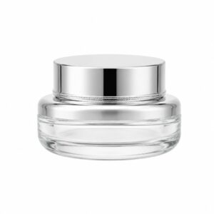 Luxury Round Glass Cosmetic Jar with Metallic Silver Shoulder and Cap