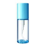 Cylindrical Cosmetic Bottle with Light Blue Trim and White Pump