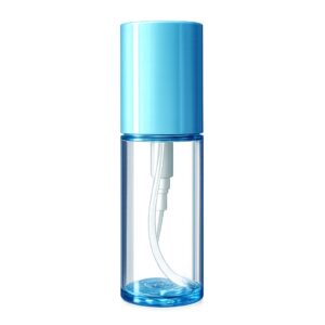 Cylindrical Cosmetic Bottle with Light Blue Trim and White Pump