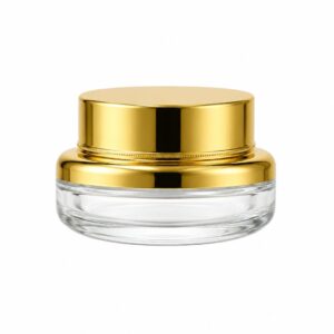 Luxury Round Glass Cosmetic Jar with Metallic Gold Shoulder and Cap
