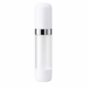 Frosted Cosmetic Bottle with Rounded White Base and Silver Trim